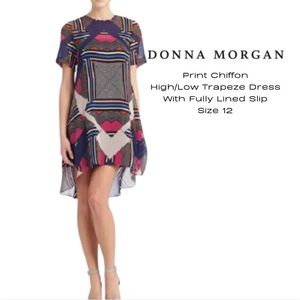 Donna Morgan Print Chiffon High/Low Trapeze Dress (size 12)